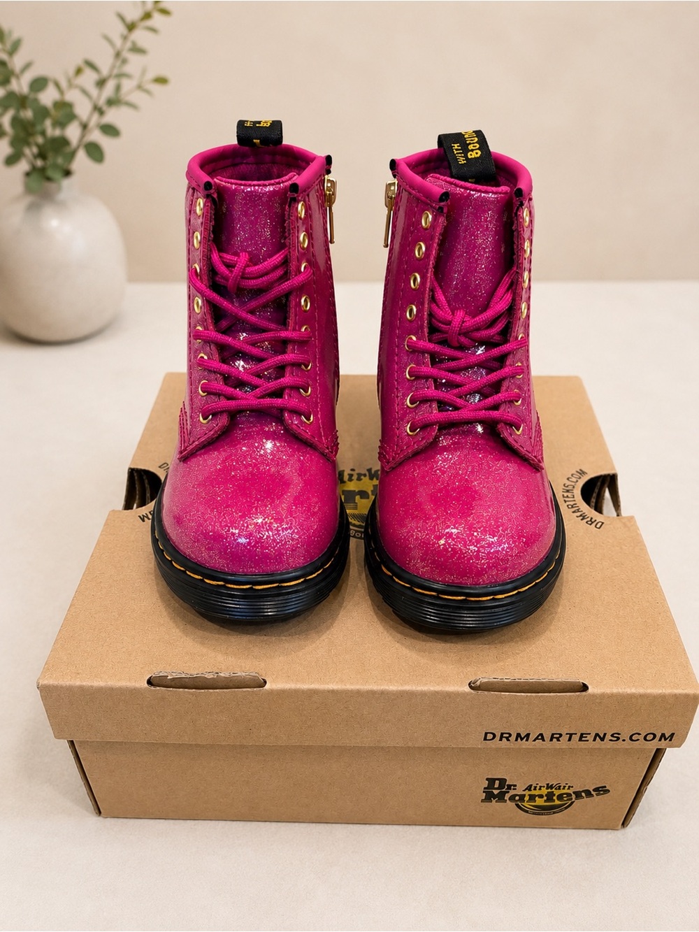 Kids Dr. Martens Glitter Pink Lace Up Boots Size 8